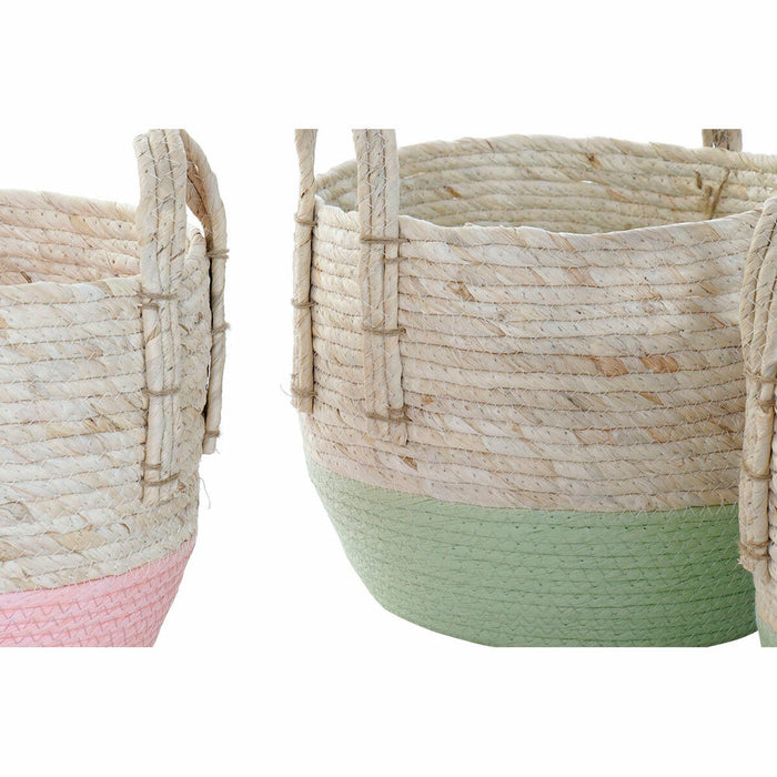 Juego de Cestas DKD Home Decor Natural Rosa Verde Fibra natural 30 x 30 x 32 cm Boho (2 Unidades)