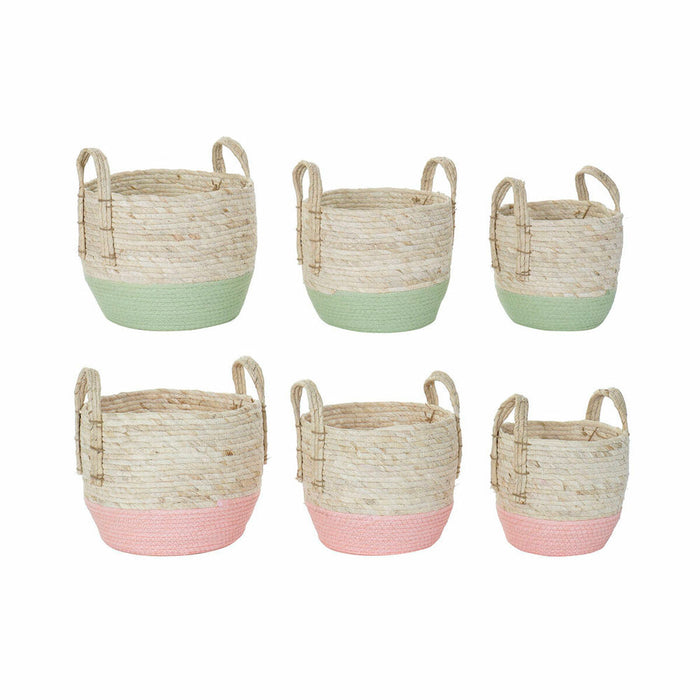 Juego de Cestas DKD Home Decor Natural Rosa Verde Fibra natural 30 x 30 x 32 cm Boho (2 Unidades)