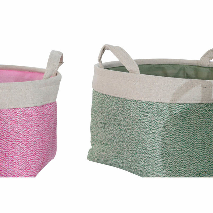 Juego de Cestas DKD Home Decor Verde Beige Rosa 32 x 32 x 23 cm Poliéster 3 Piezas (2 Unidades)