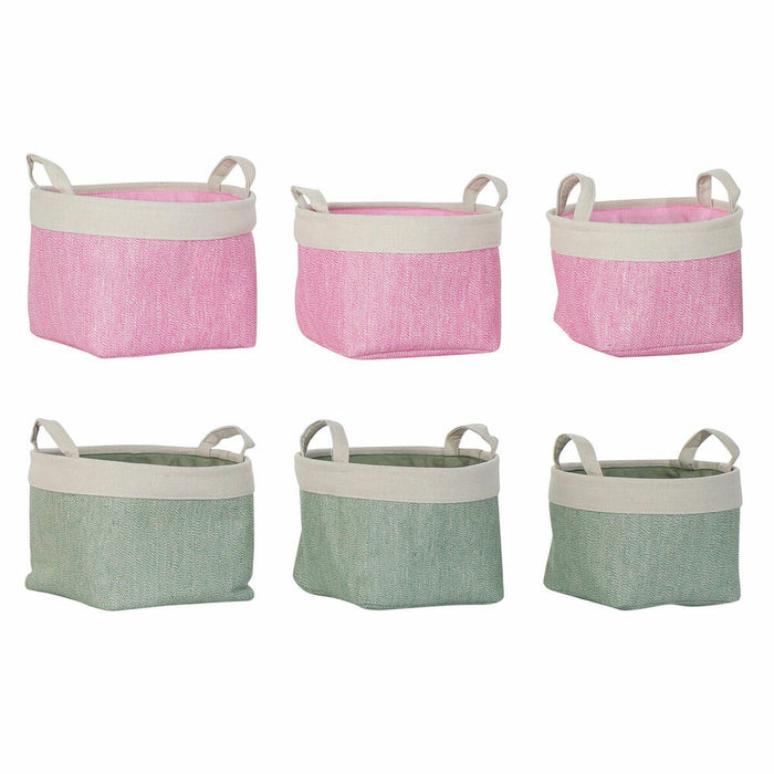 Juego de Cestas DKD Home Decor Verde Beige Rosa 32 x 32 x 23 cm Poliéster 3 Piezas (2 Unidades)