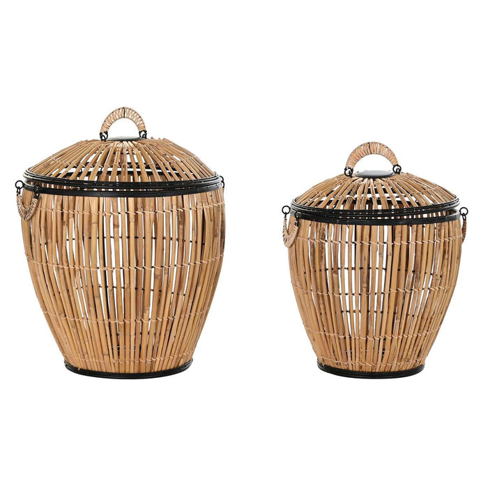 Juego de Cestos DKD Home Decor Negro Natural Metal Ratán 48 x 48 x 55 cm (2 Unidades)